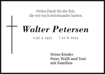 Traueranzeige von Walter Petersen von Holsteinischer Courier