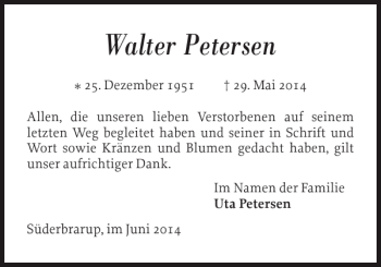 Traueranzeige von Walter Petersen von Schleswiger Nachrichten