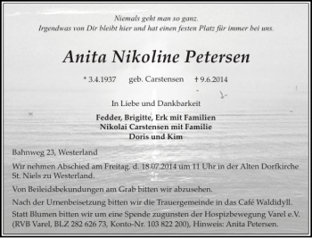 Traueranzeige von Anita Nikoline Petersen von Sylter Rundschau