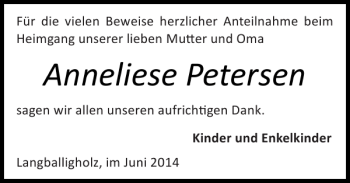 Traueranzeige von Anneliese Petersen von Flensburger Tageblatt
