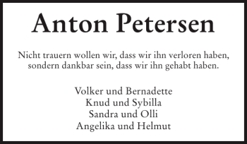 Traueranzeige von Anton Petersen von Sylter Rundschau