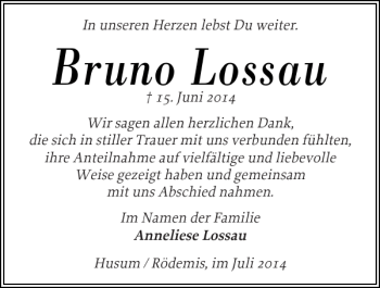 Traueranzeige von Bruno Lossau von Husumer Nachrichten