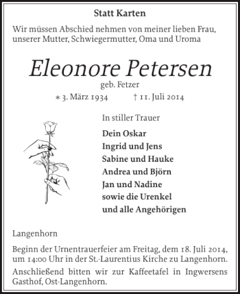 Traueranzeige von Eleonore Petersen von Husumer Nachrichten