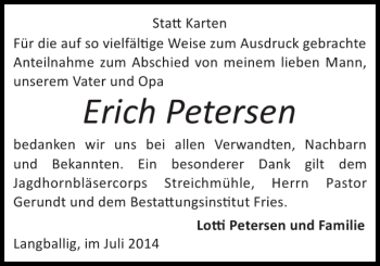 Traueranzeige von Erich Petersen von Flensburger Tageblatt