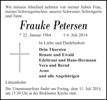 Traueranzeige von Frauke Petersen von Husumer Nachrichten