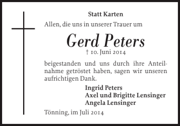 Traueranzeige von Gerd Peters von Husumer Nachrichten