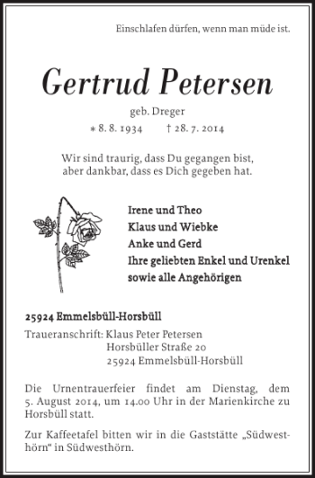 Traueranzeige von Gertrud Petersen von Nordfriesland Tageblatt
