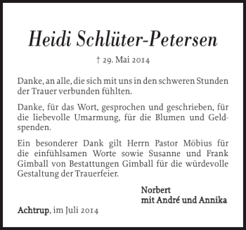 Traueranzeige von Heidi Schlüter-Petersen von Nordfriesland Tageblatt