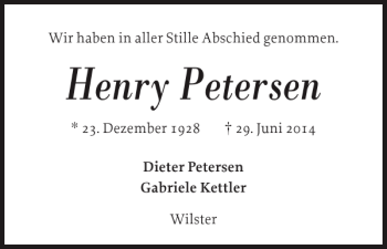 Traueranzeige von Henry Petersen von Norddeutsche Rundschau