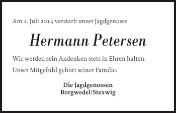 Traueranzeige von Hermann Petersen von Schleswiger Nachrichten