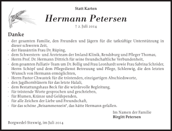 Traueranzeige von Hermann Petersen von Flensburger Tageblatt