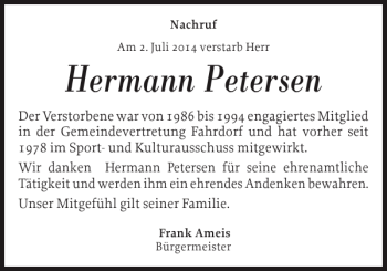 Traueranzeige von Hermann Petersen von Schleswiger Nachrichten