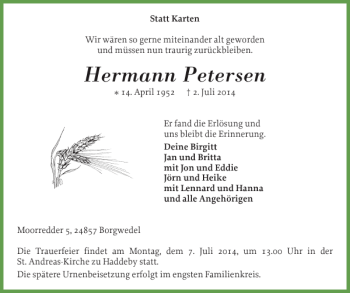 Traueranzeige von Hermann Petersen von Flensburger Tageblatt