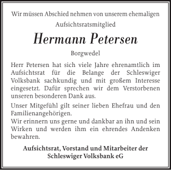 Traueranzeige von Hermann Petersen von Schleswiger Nachrichten