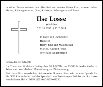 Traueranzeige von Ilse Losse von Norddeutsche Rundschau