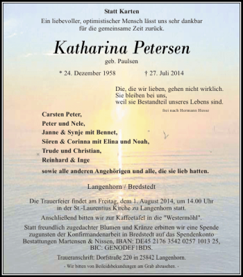 Traueranzeige von Katharina Petersen von Husumer Nachrichten