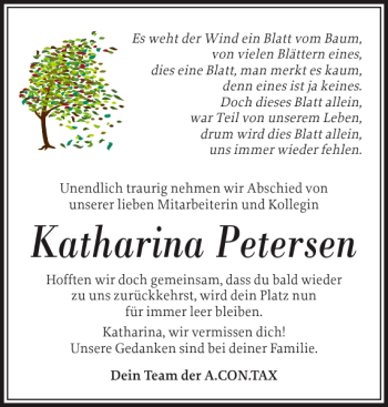 Traueranzeige von Katharina Petersen von Husumer Nachrichten