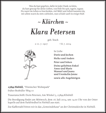 Traueranzeige von Klara Petersen von Nordfriesland Tageblatt