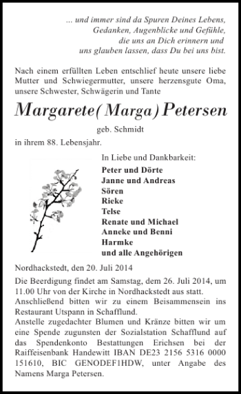 Traueranzeige von Margarete Petersen von Flensburger Tageblatt