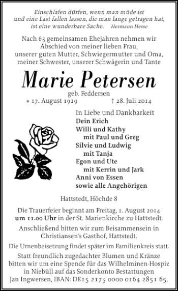 Traueranzeige von Marie Petersen von Husumer Nachrichten
