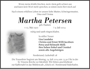 Traueranzeige von Martha Petersen von Husumer Nachrichten