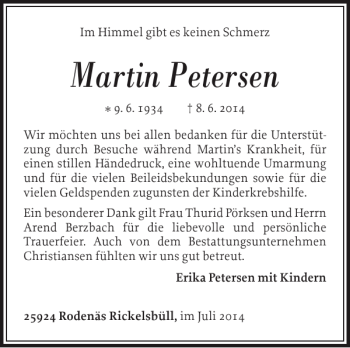 Traueranzeige von Martin Petersen von Nordfriesland Tageblatt