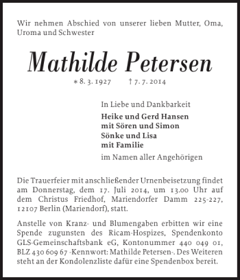 Traueranzeige von Mathilde Petersen von Flensburger Tageblatt