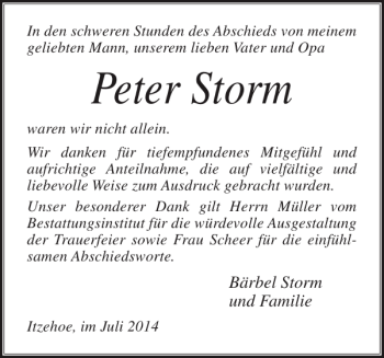 Traueranzeige von Peter Storm von Norddeutsche Rundschau