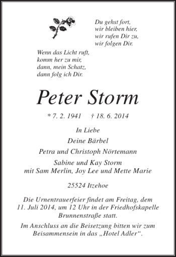 Traueranzeige von Peter Storm von Norddeutsche Rundschau