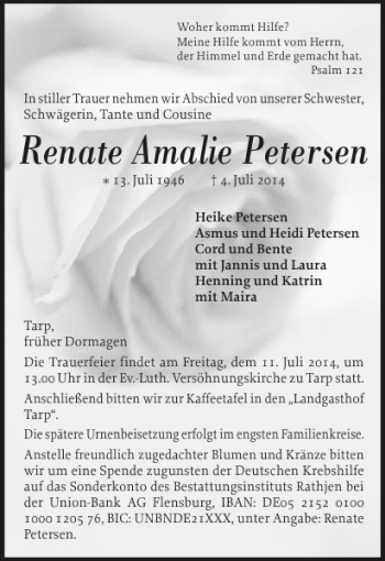 Traueranzeige von Renate Amalie Petersen von Flensburger Tageblatt