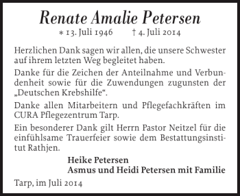 Traueranzeige von Renate Amalie Petersen von Flensburger Tageblatt