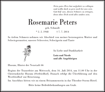 Traueranzeige von Rosemarie Peters von Husumer Nachrichten