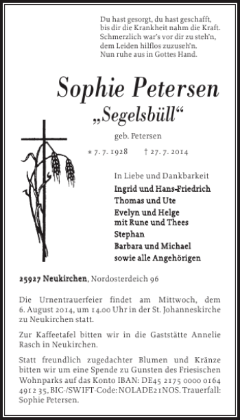 Traueranzeige von Sophie Petersen von Nordfriesland Tageblatt