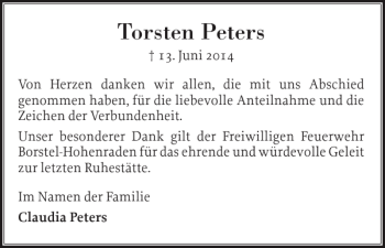 Traueranzeige von Torsten Peters von Pinneberger Tageblatt