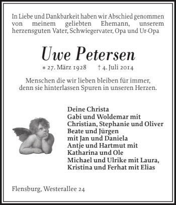 Traueranzeige von Uwe Petersen von Flensburger Tageblatt