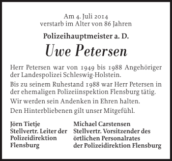 Traueranzeige von Uwe Petersen von Flensburger Tageblatt