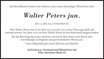 Traueranzeige von Walter Peters von Der Insel-Bote