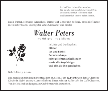 Traueranzeige von Walter Peters von Der Insel-Bote