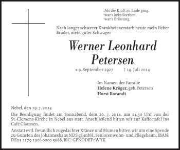 Traueranzeige von Werner Leonhard Petersen von Der Insel-Bote