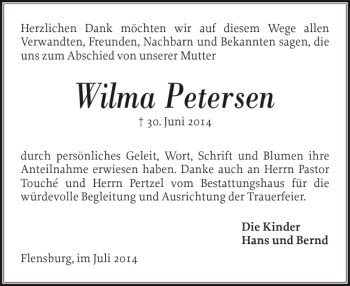 Traueranzeige von Wilma Petersen von Flensburger Tageblatt