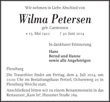 Traueranzeige von Wilma Petersen von Flensburger Tageblatt