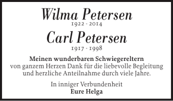 Traueranzeige von Wilma Petersen Carl Petersen von Flensburger Tageblatt