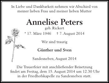 Traueranzeige von Annelise Peters von Stormarner Tageblatt