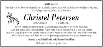 Traueranzeige von Christel Petersen von Husumer Nachrichten