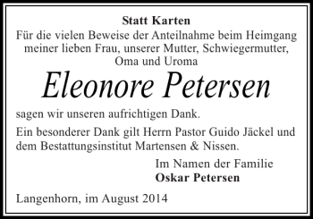 Traueranzeige von Eleonore Petersen von Husumer Nachrichten
