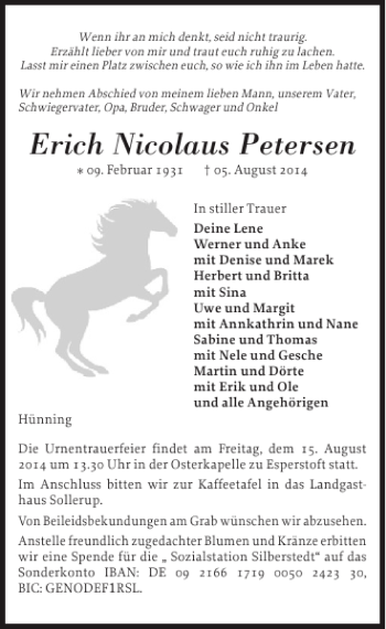 Traueranzeige von Erich Nicolaus Petersen von Schleswiger Nachrichten