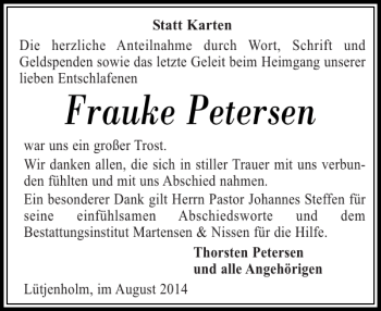 Traueranzeige von Frauke Petersen von Husumer Nachrichten