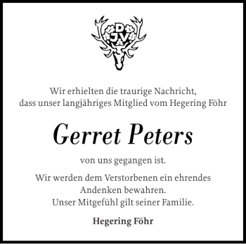 Traueranzeige von Gerret Peters von Der Insel-Bote