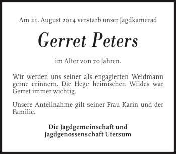 Traueranzeige von Gerret Peters von Der Insel-Bote