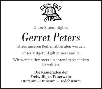 Traueranzeige von Gerret Peters von Der Insel-Bote
